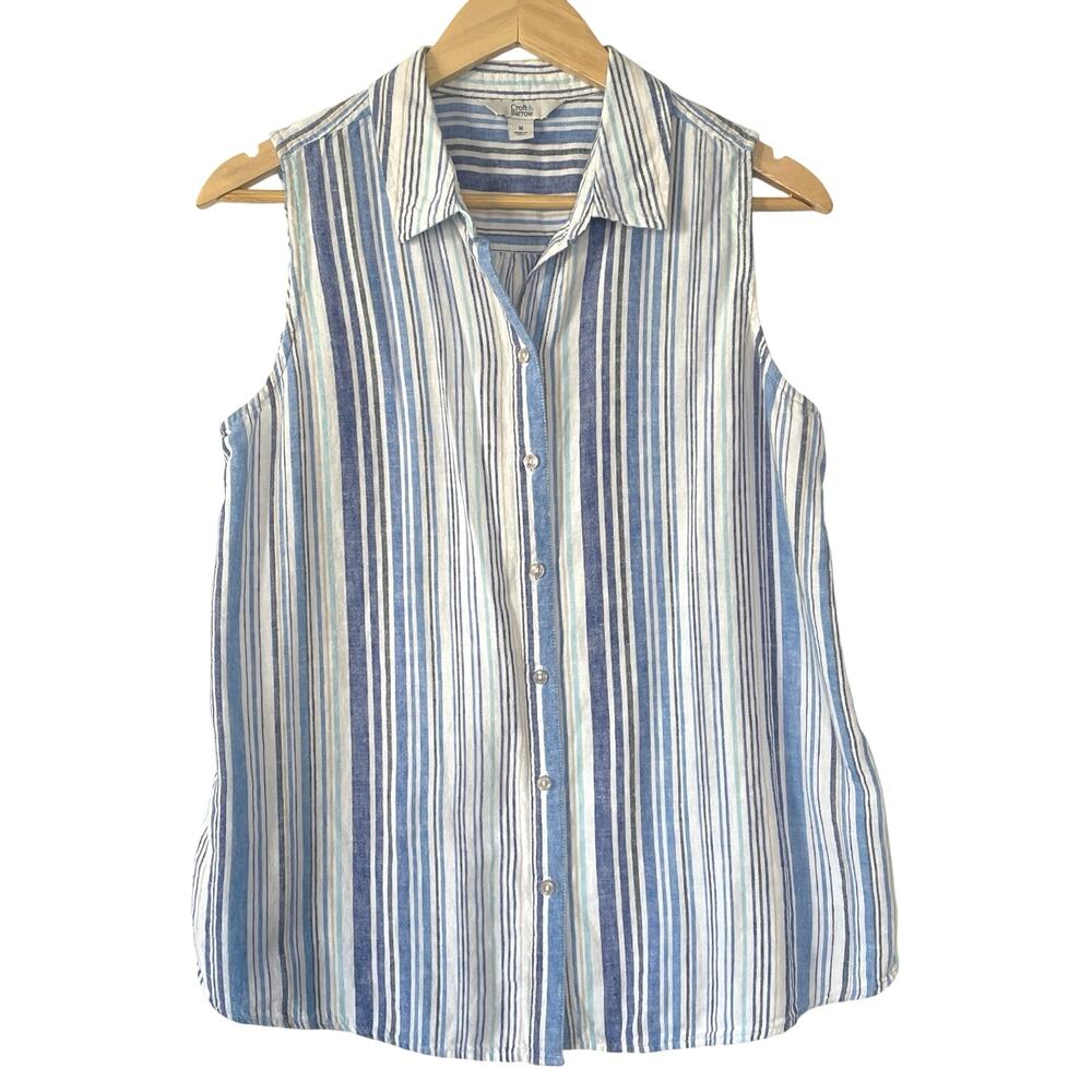Croft & Barrow Womens Sleeveless Button Up Linen Blue Stripe Beachy Size Medium